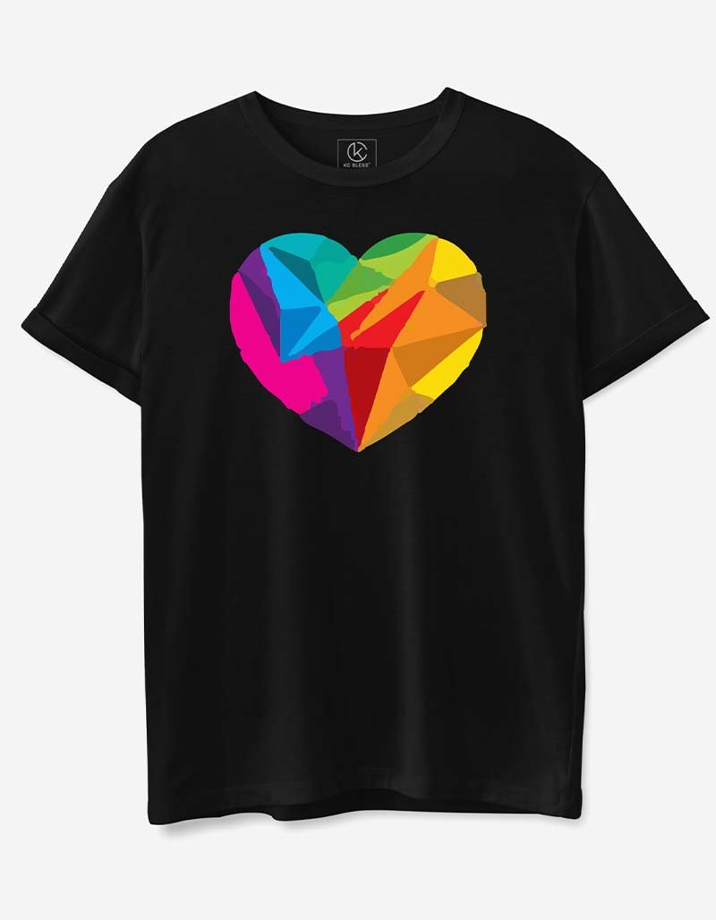 Multi Color Heart Design T-shirt - Black