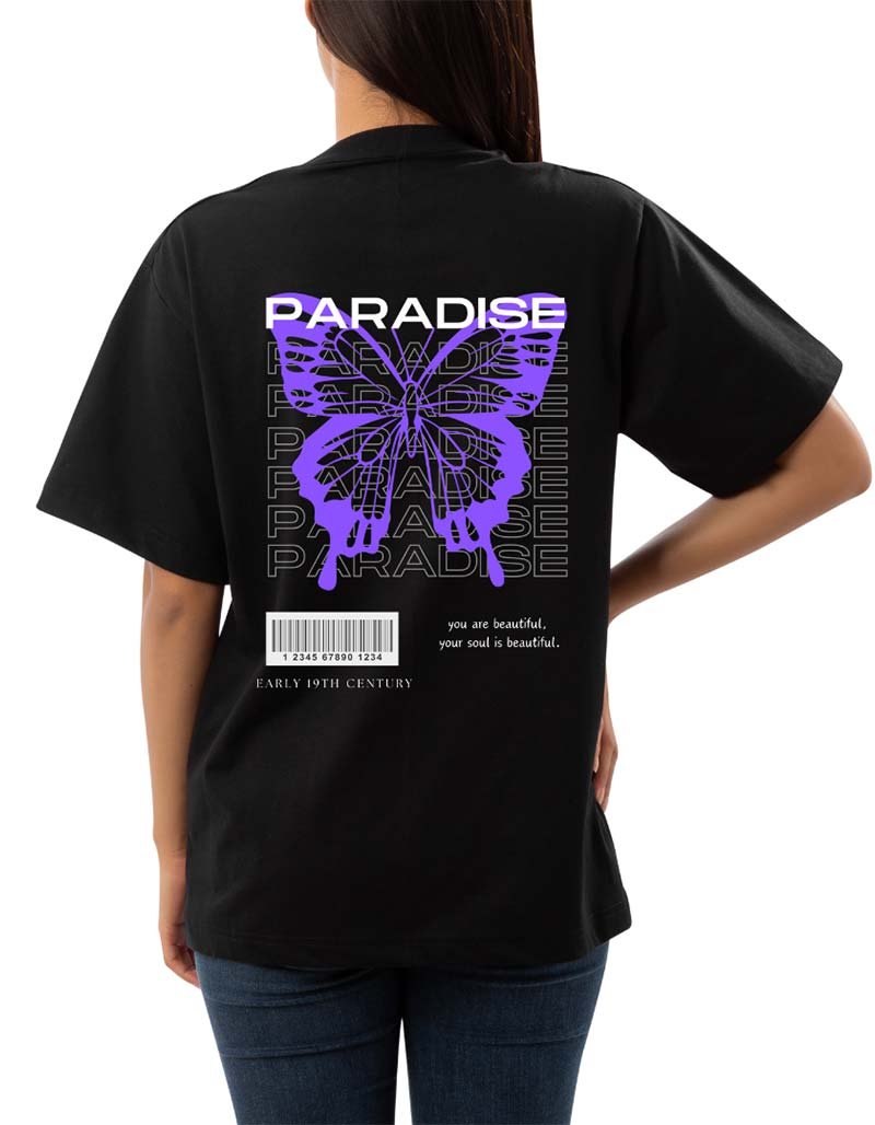 PARADISE Design Oversize Black T-shirt trending graphic streetwear 2025