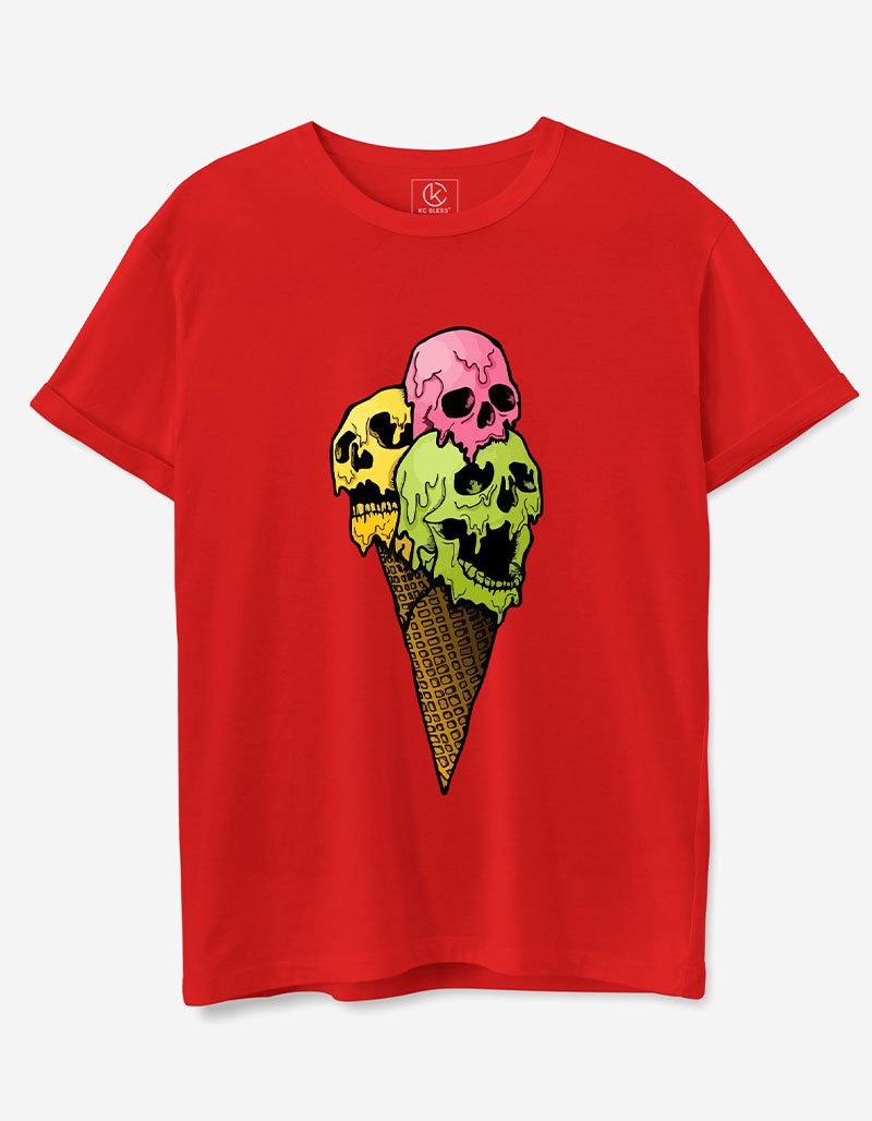 Ice Cream Skull Design T-shirt - Red
